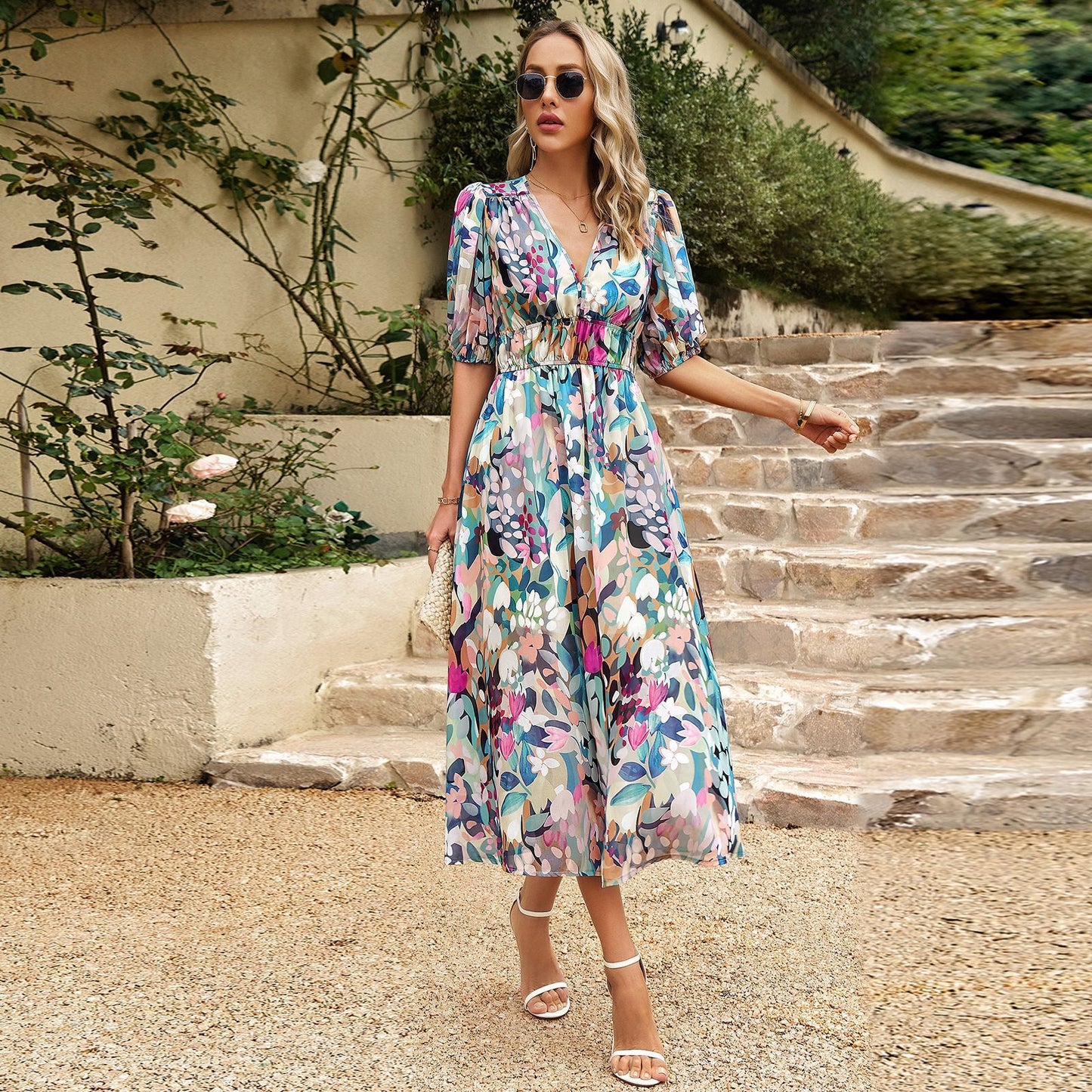 Robe d'Été Décontractée à Motif Floral, Maxi à Manches Courtes.