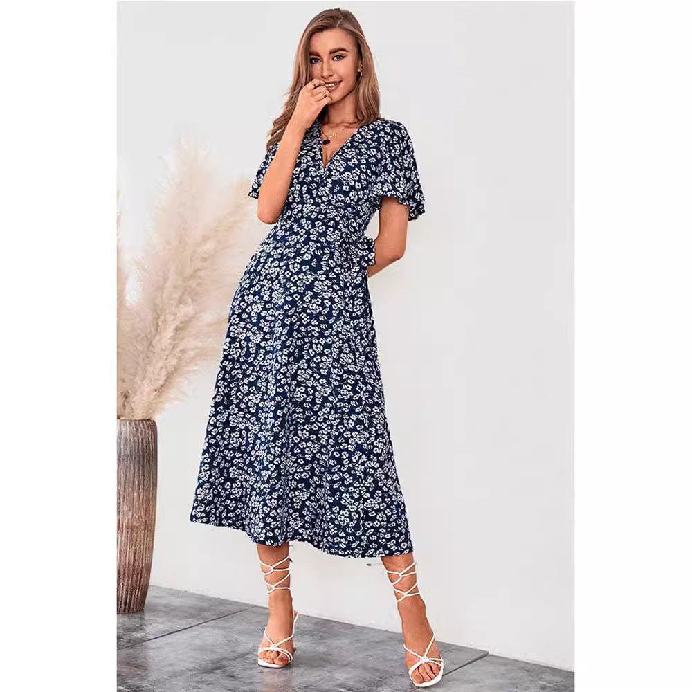 Robe midi imprimée et taille haute style Européen