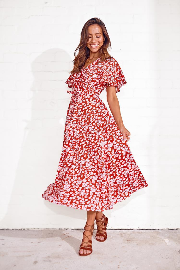 Robe midi imprimée et taille haute style Européen