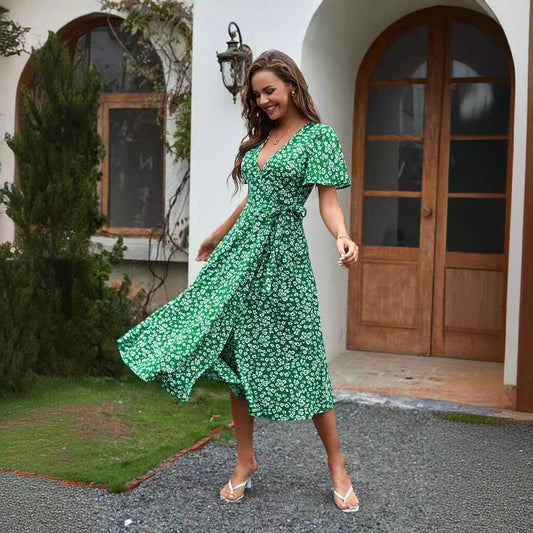 Robe midi imprimée et taille haute style Européen