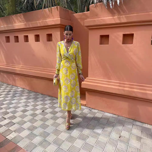 Robe Maxi d'été jaune à imprimé croisé pour femmes